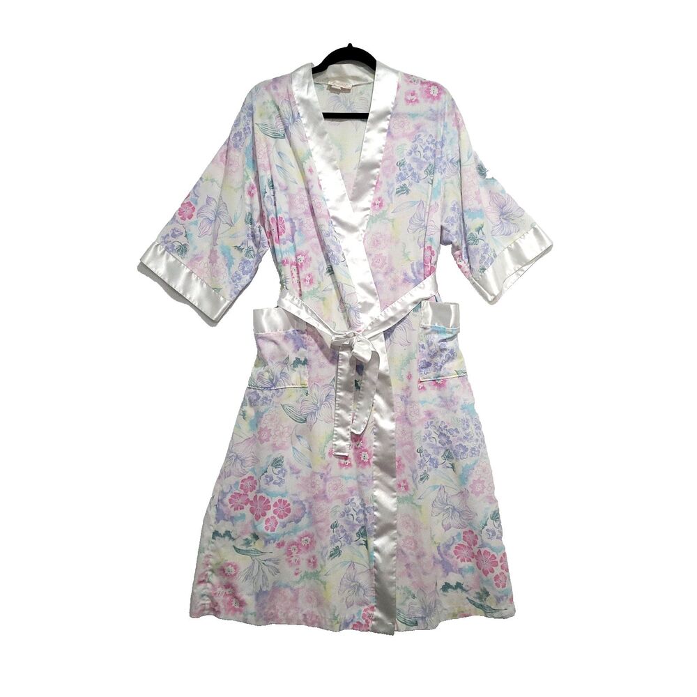 Vtg Cachet Floral Kimono Robe M‎ Satin Trim/belt 1/2 Sleeves Hawaiian feminine